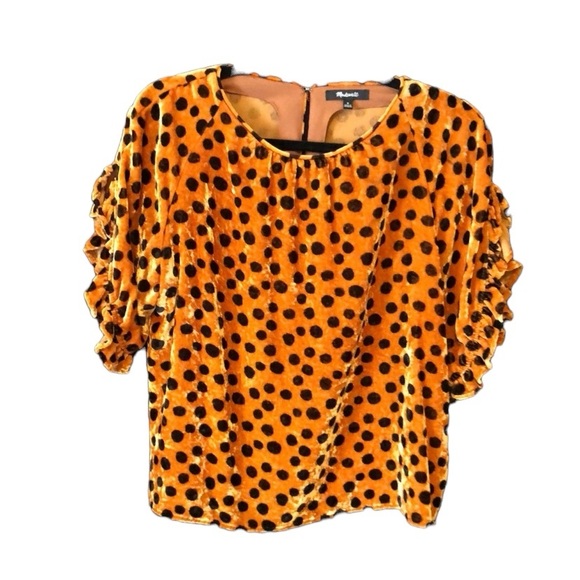 Cute! Madewell Velvet Top. EUC Rust w/ Black Polkadots. Ruffled Open Sleeves. M - Picture 13 of 13